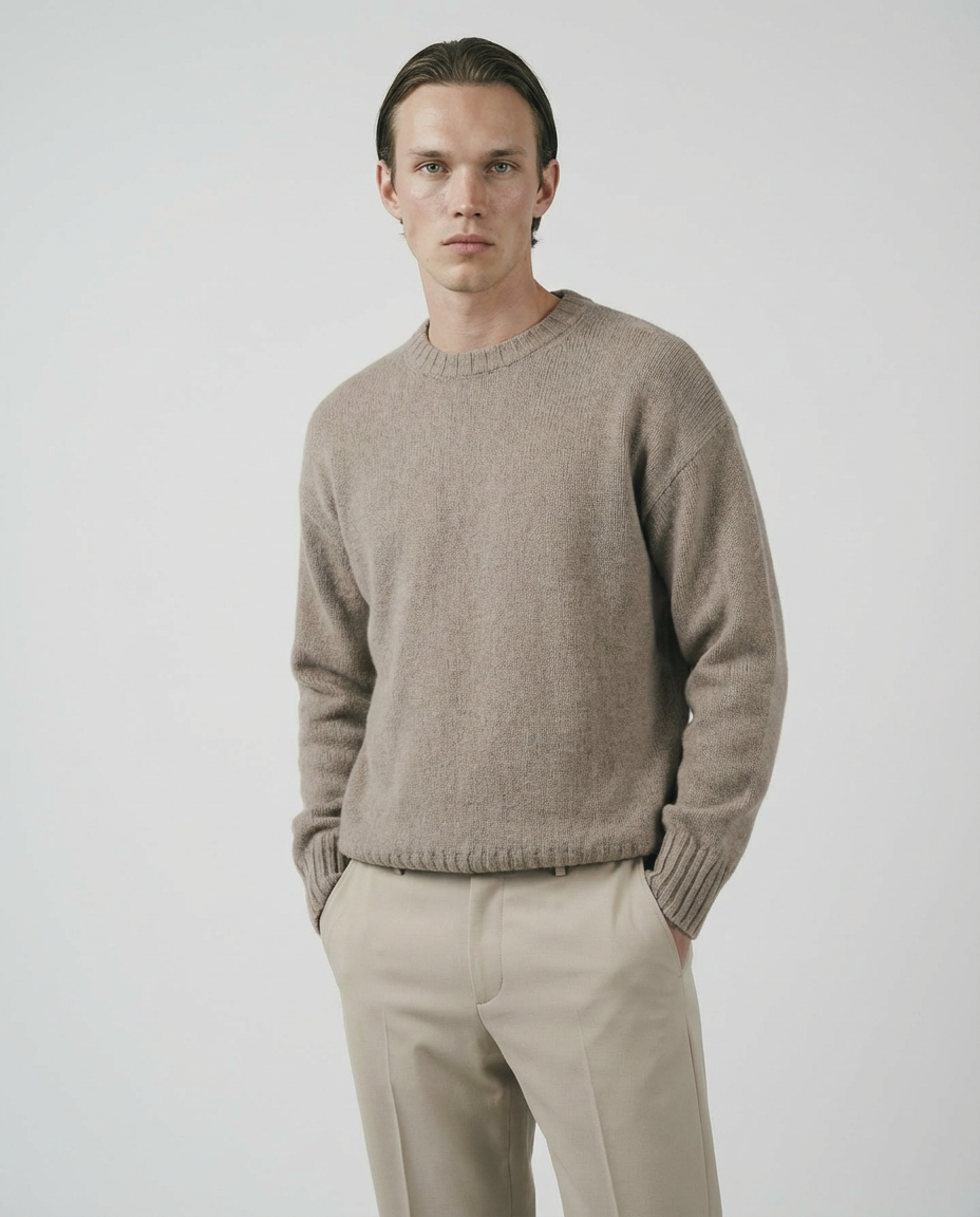 man wearing a beige taupe crewneck sweater made in italy casa nodale merino wool and cashmere