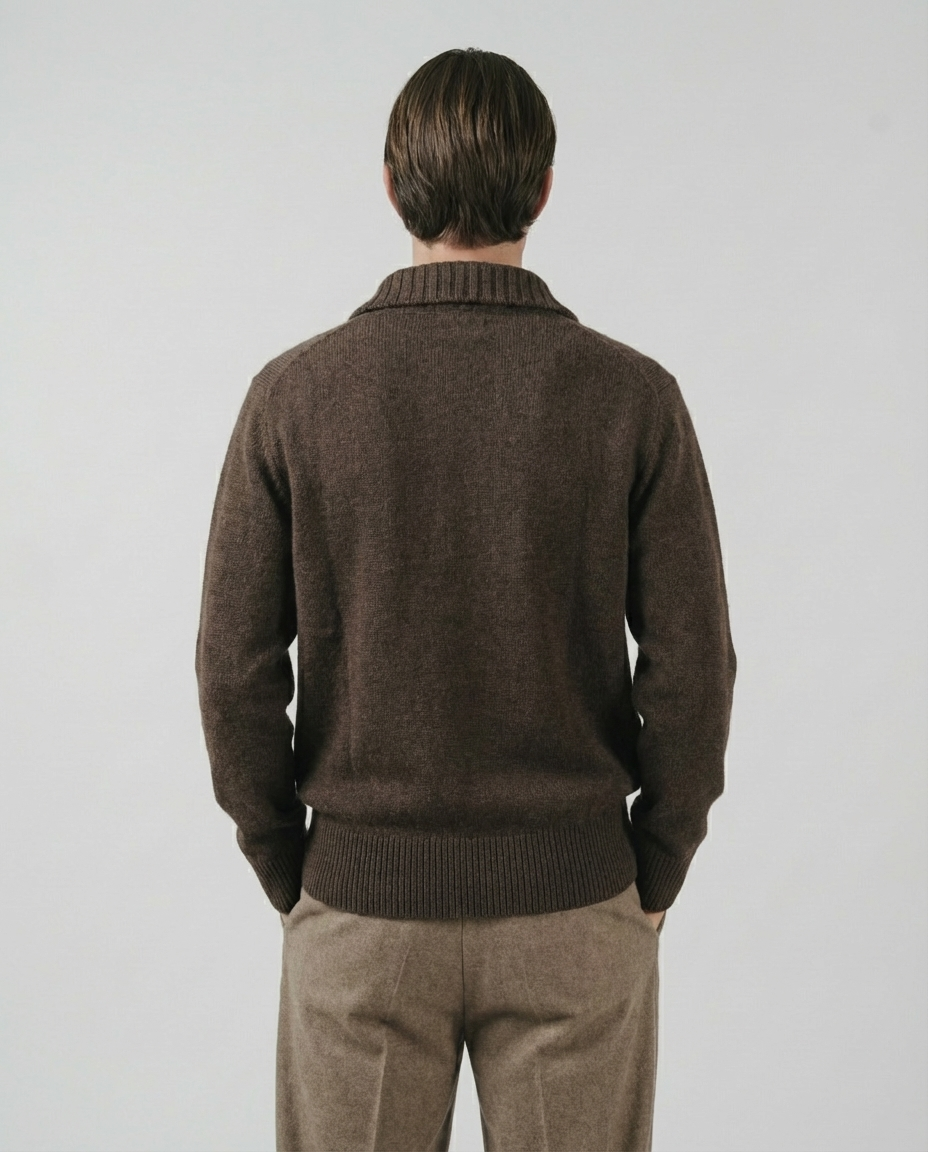 man wearing a dark brown zip-up cardigan sweater made in italy casa nodale merino wool and cashmere