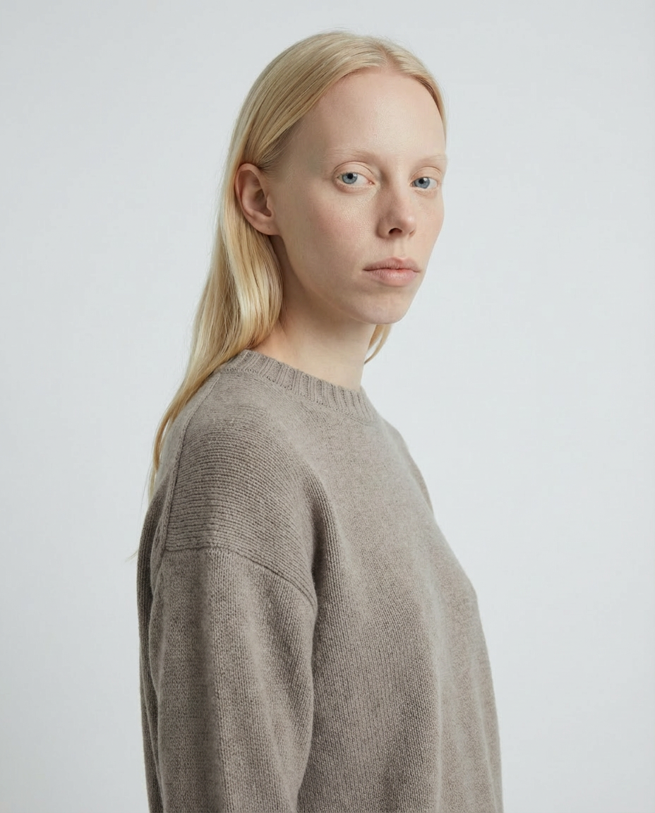 man wearing a beige taupe crewneck sweater made in italy casa nodale merino wool and cashmere