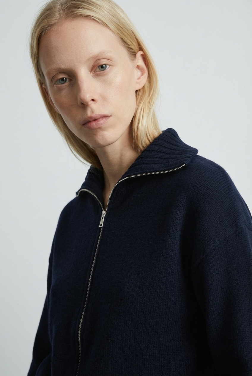 woman wearing a dark blue navy zip-up cardigan sweater made in italy casa nodale merino wool and cashmere