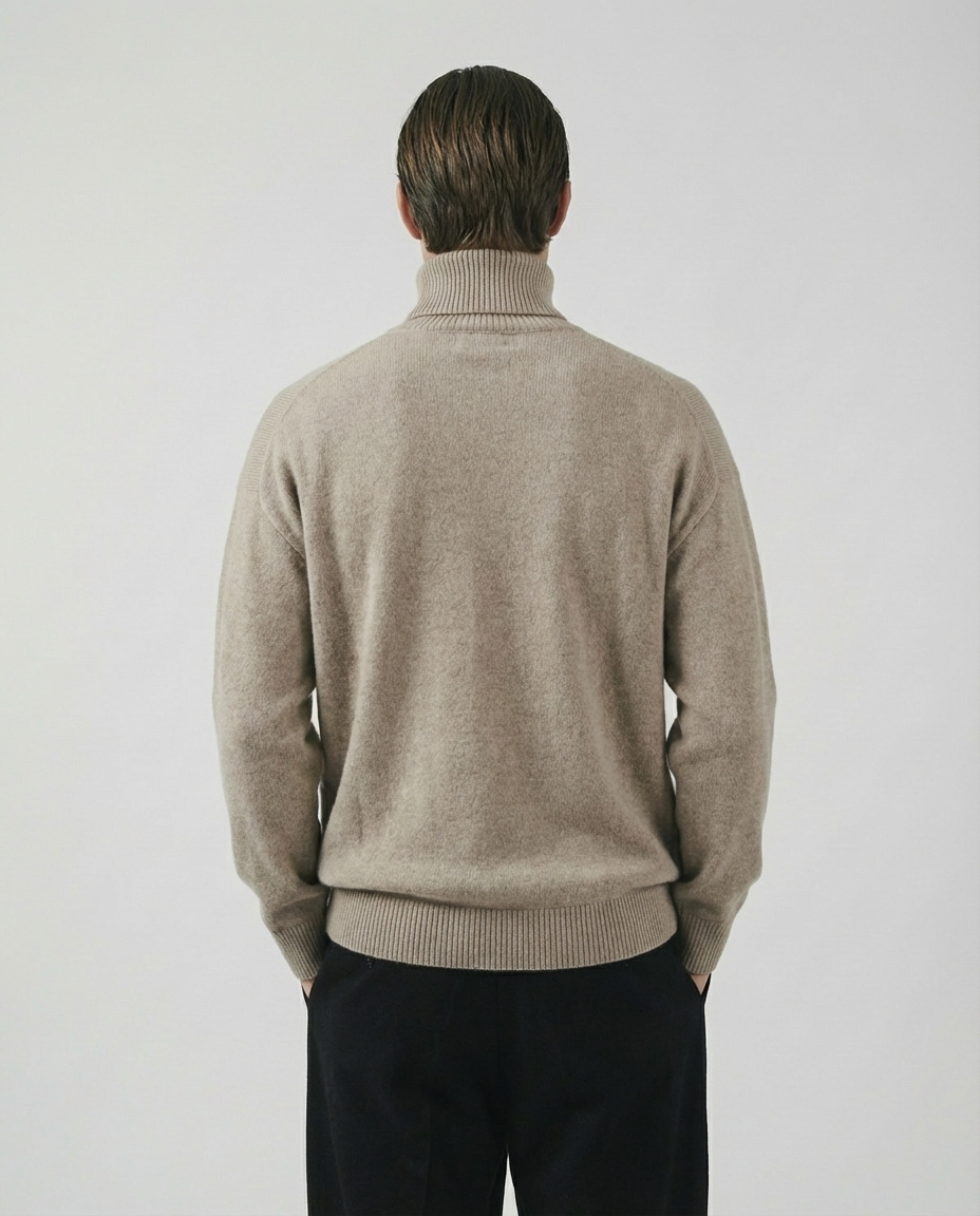 man wearing a beige turtleneck sweater made in italy casa nodale merino wool and cashmere
