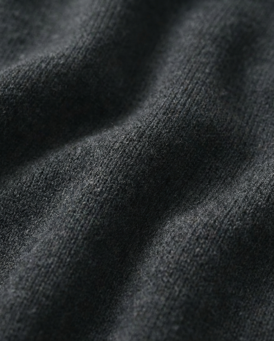 Close-up of dark gray fabric with visible texture charcoal turtleneck sweater made in italy casa nodale merino wool and cashmere