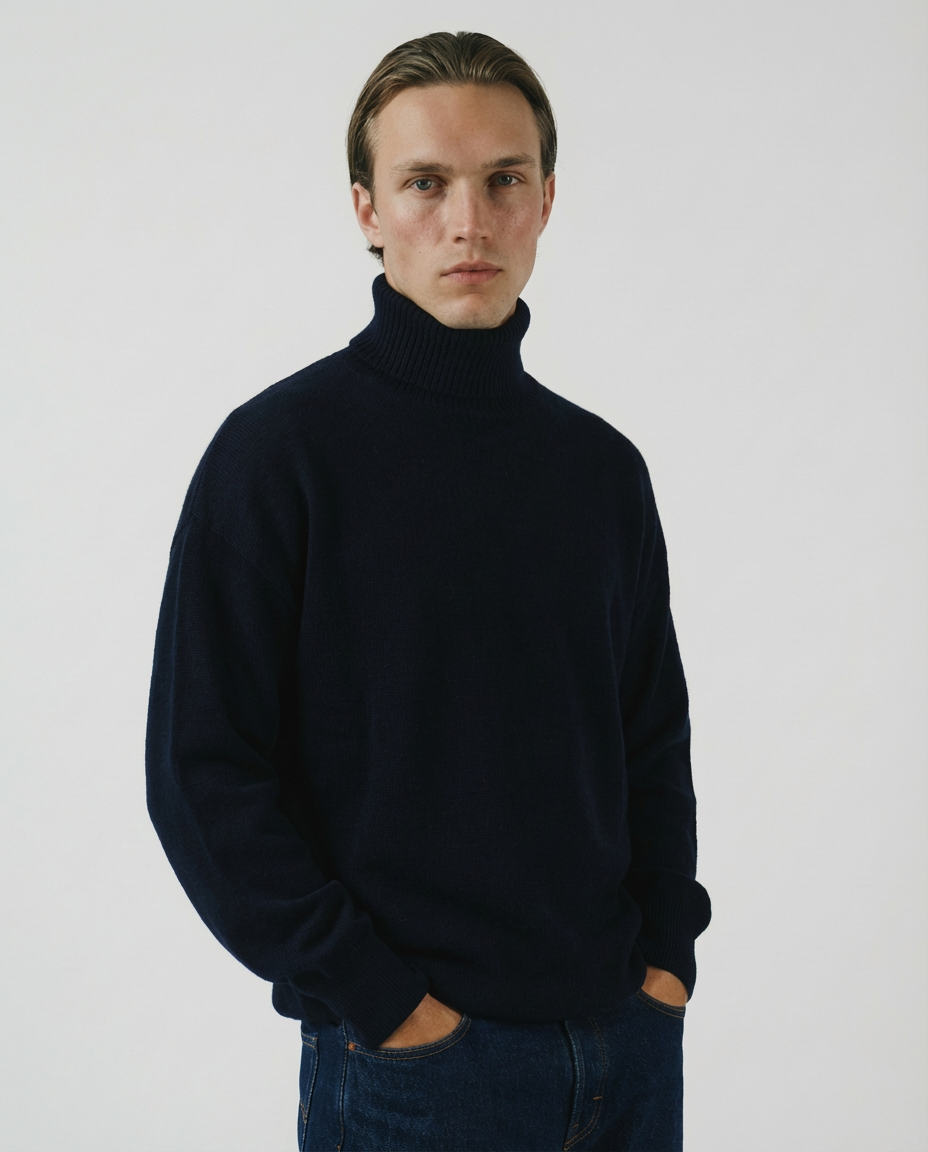 man wearing a dark blue navy charcoal turtleneck sweater made in italy casa nodale merino wool and cashmere