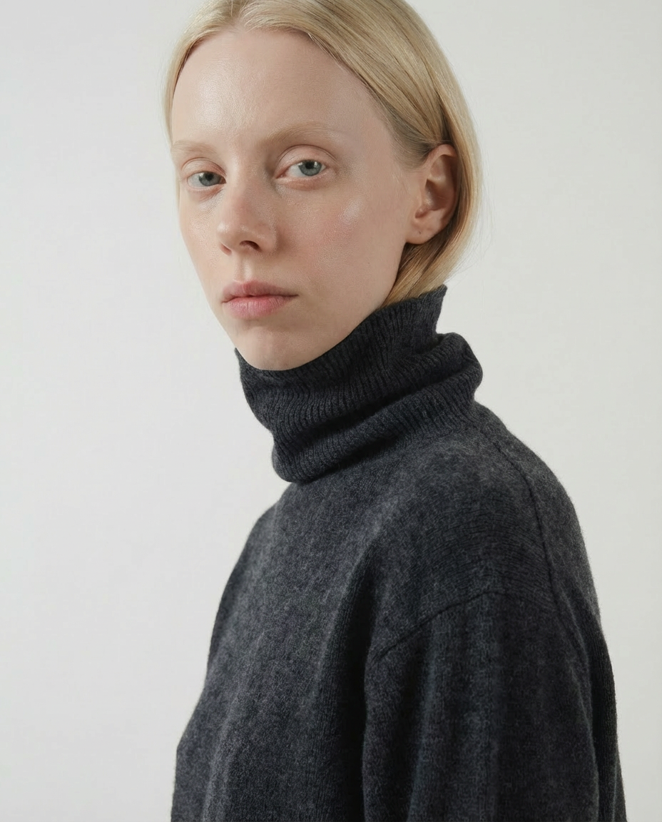 woman wearing a dark gray charcoal turtleneck sweater made in italy casa nodale merino wool and cashmere